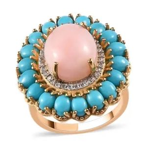 NWT PERUVIAN PINK OPAL & SLEEPING BEAUTY TURQUOISE RING IN 14KYG STERLING SILVER